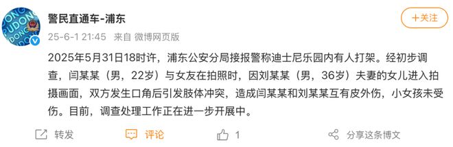 上海迪士尼一对情侣和一家三口打架警方通报：双方因拍照引发冲突造成2名男子互有皮外伤(图1)